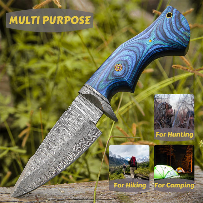 10-inch Handmade Damascus hunting knife with leather sheath Fixed blade knife for men Ergonomic Blue wood handle